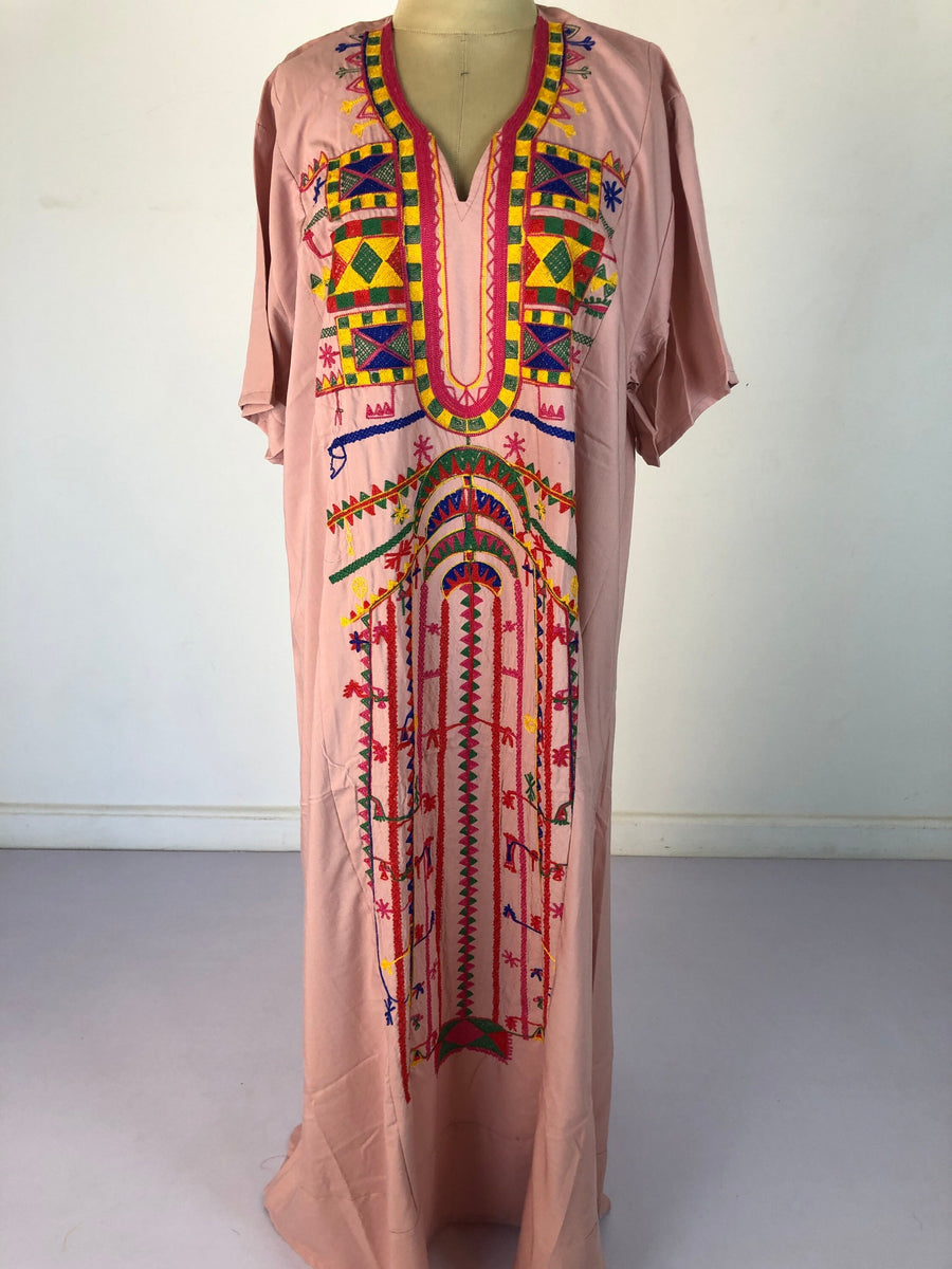 Siwa Pink Multicolor embroidered Kaftan dress, Cotton Kaftan, caftans for women, Summer Kaftan, Embroidered kaftan, caftans, Egyptian
