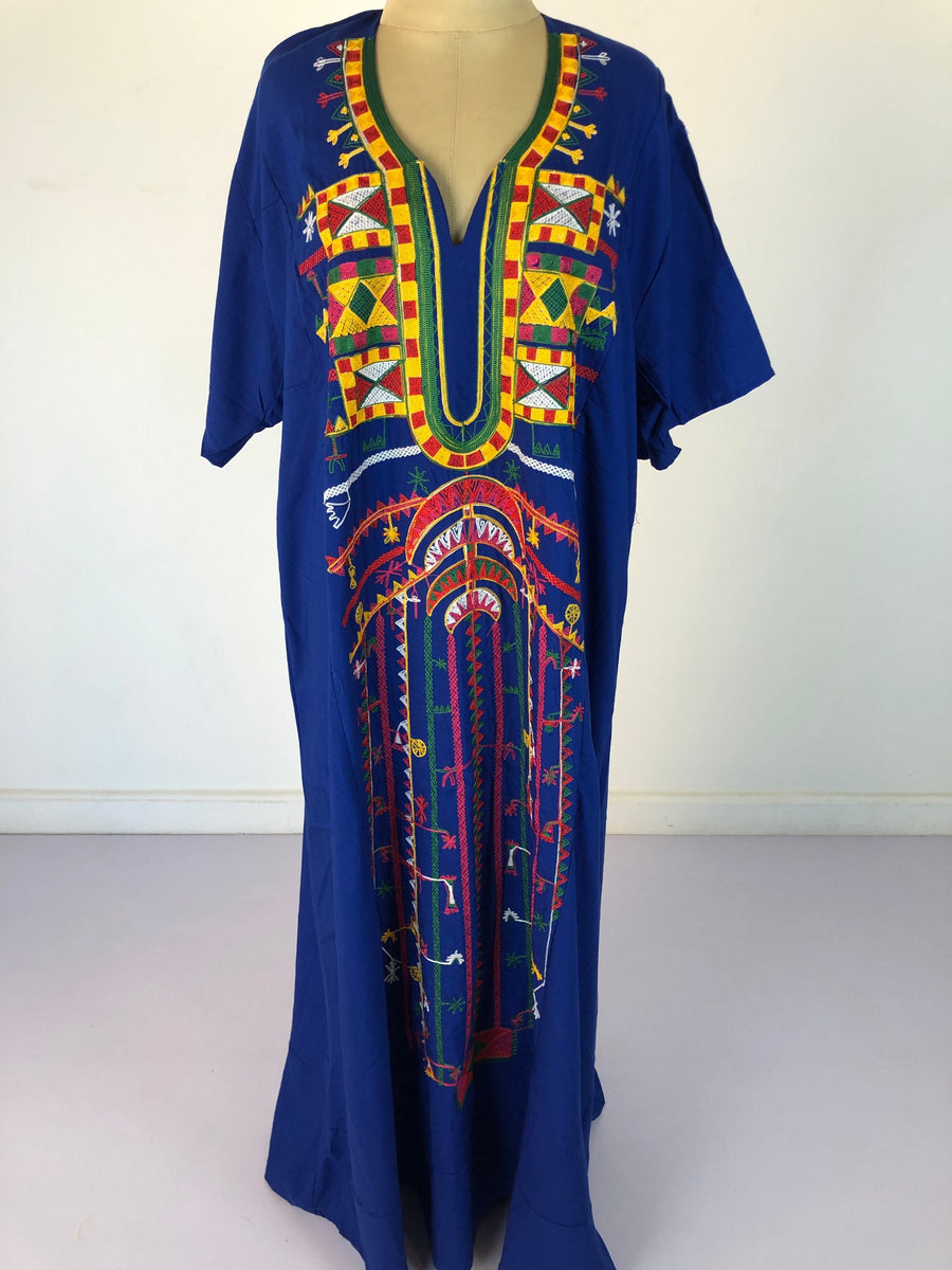 Siwa Blue Multicolor embroidered Kaftan dress, Cotton Kaftan, caftans for women, Summer Kaftan, Embroidered kaftan, caftans, Egyptian