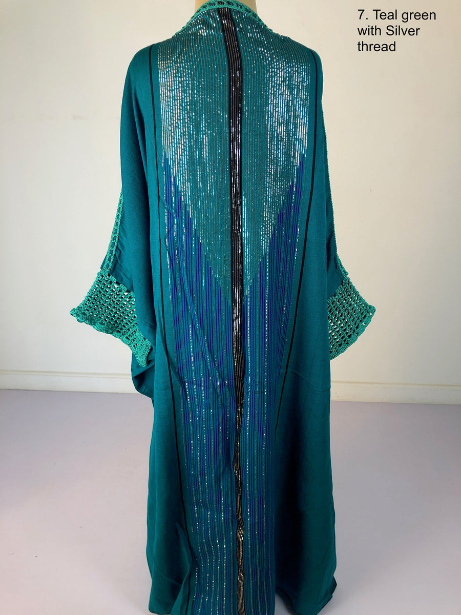 Stunning green hand loomed Abaya, Abaya with Silver threads and crochet sleeves, Winter Wool Abaya, Wool Kimono, Abaya, Handmade Abayas