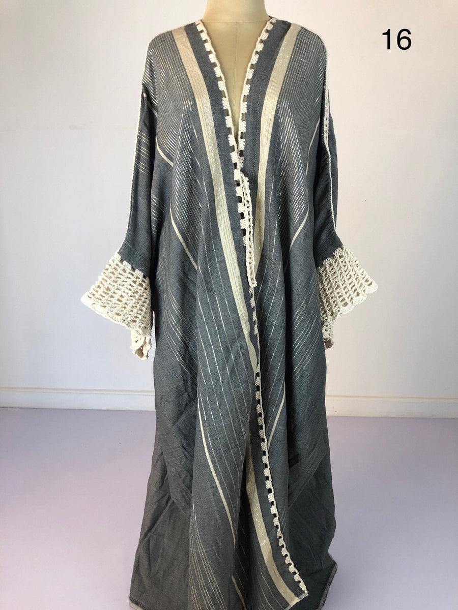 Graciously Elegant Grey hand loomed Abaya with crochet details and Silver threads, Winter Wool Abaya, Grey Kimono, Abaya, Handmade Abayas
