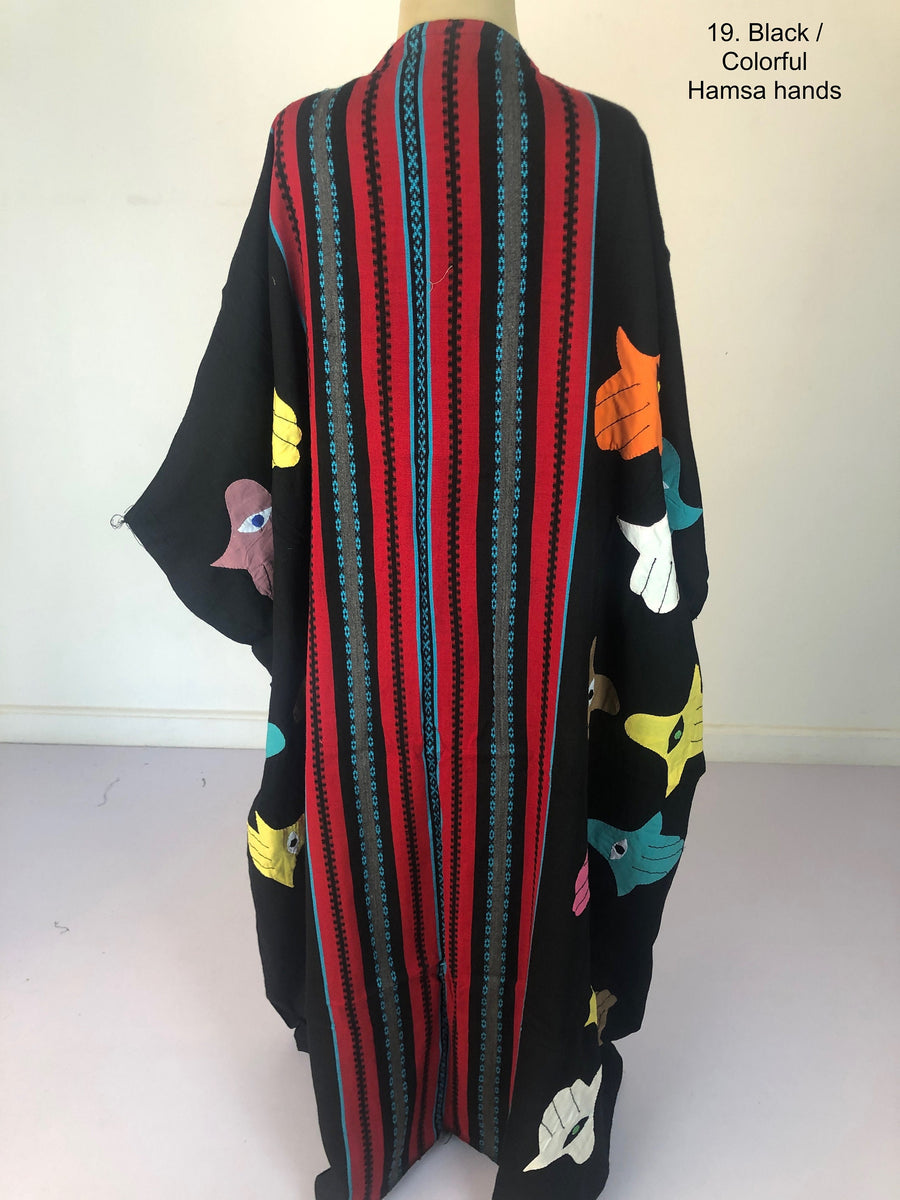 Hamsa black hand loomed Abaya, Black Wool abaya for women, embroidered Abaya, Abayas, Embroidered Kimono, Kimonos for women, Gypsy Kimonos