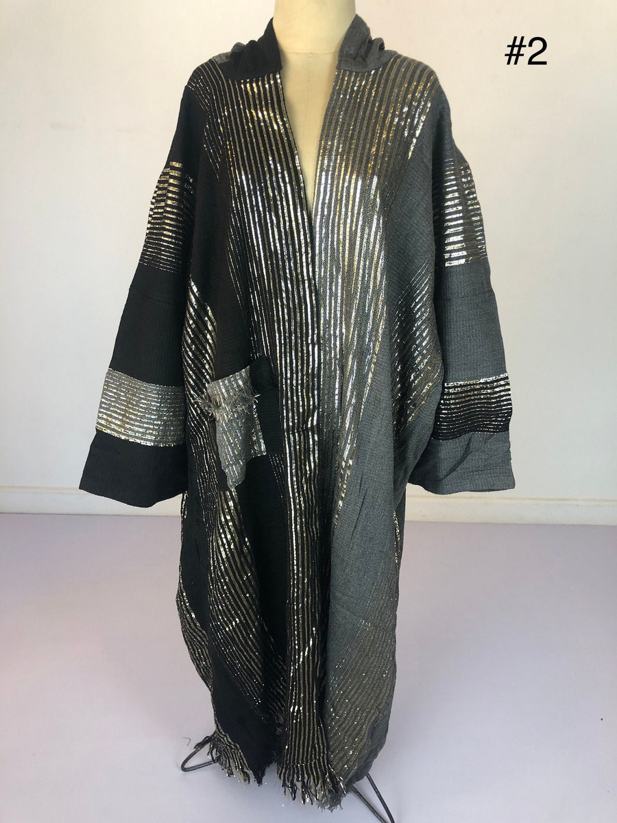 Half black half grey hand loomed Coat with silver threads, long winter women coat with pocket, womens Coat, Long coat, Hooded coat, Coat