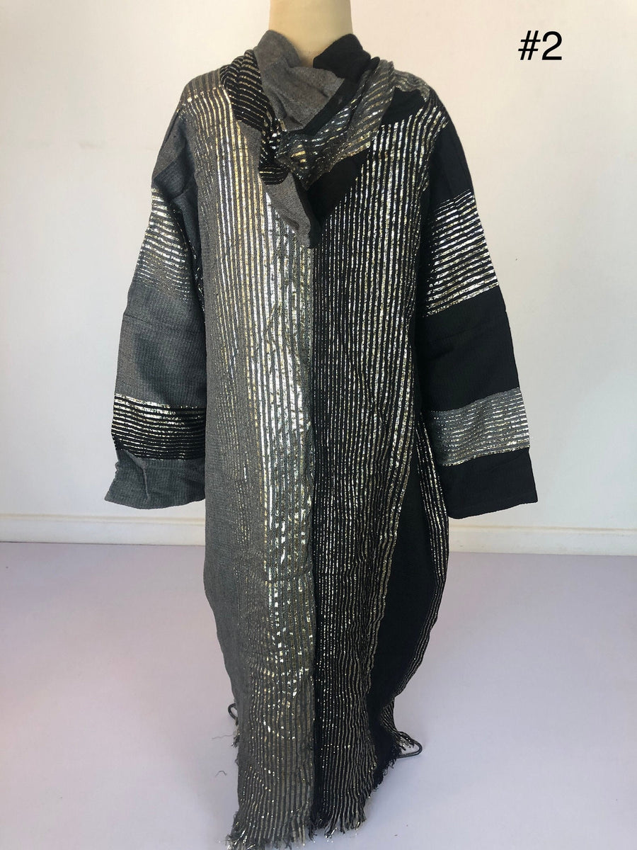 Half black half grey hand loomed Coat with silver threads, long winter women coat with pocket, womens Coat, Long coat, Hooded coat, Coat