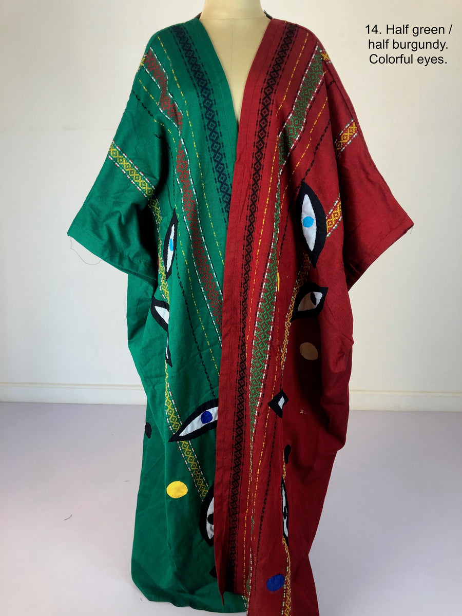 Evil eye hand loomed Abaya, Fuchsia Green Wool abaya for women, embroidered Abaya, Abayas, Embroidered Kimono, Kimonos for women, Kimonos