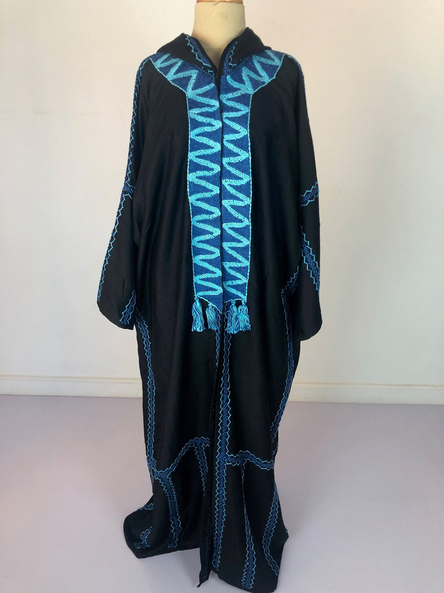 Bedouin hooded hand embroidered Kimono, Black Cotton embroidered coat, Bohemian winter Kimono, Long black coat, Siwa Kimono, Wool cloak
