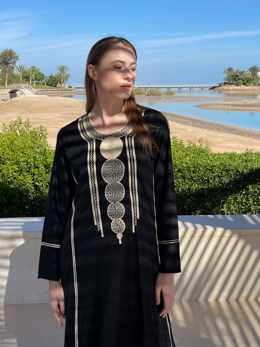 Chic Black embroidered cotton caftan dress, embroidered caftan, Chic embroidered caftan, Egyptian cotton caftans for women