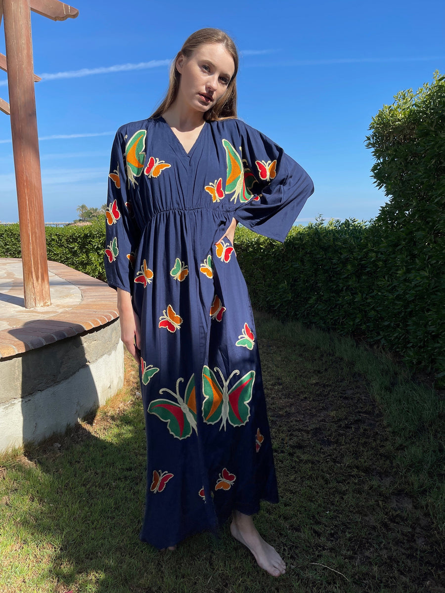 Navy blue butterfly embroidered caftan, Open slit Cotton caftan, African women clothing, Bohemian maxi dress, Boho summer caftan, kaftans