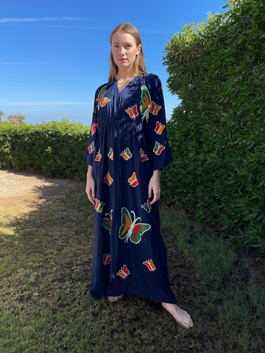 Navy blue butterfly embroidered caftan, Open slit Cotton caftan, African women clothing, Bohemian maxi dress, Boho summer caftan, kaftans