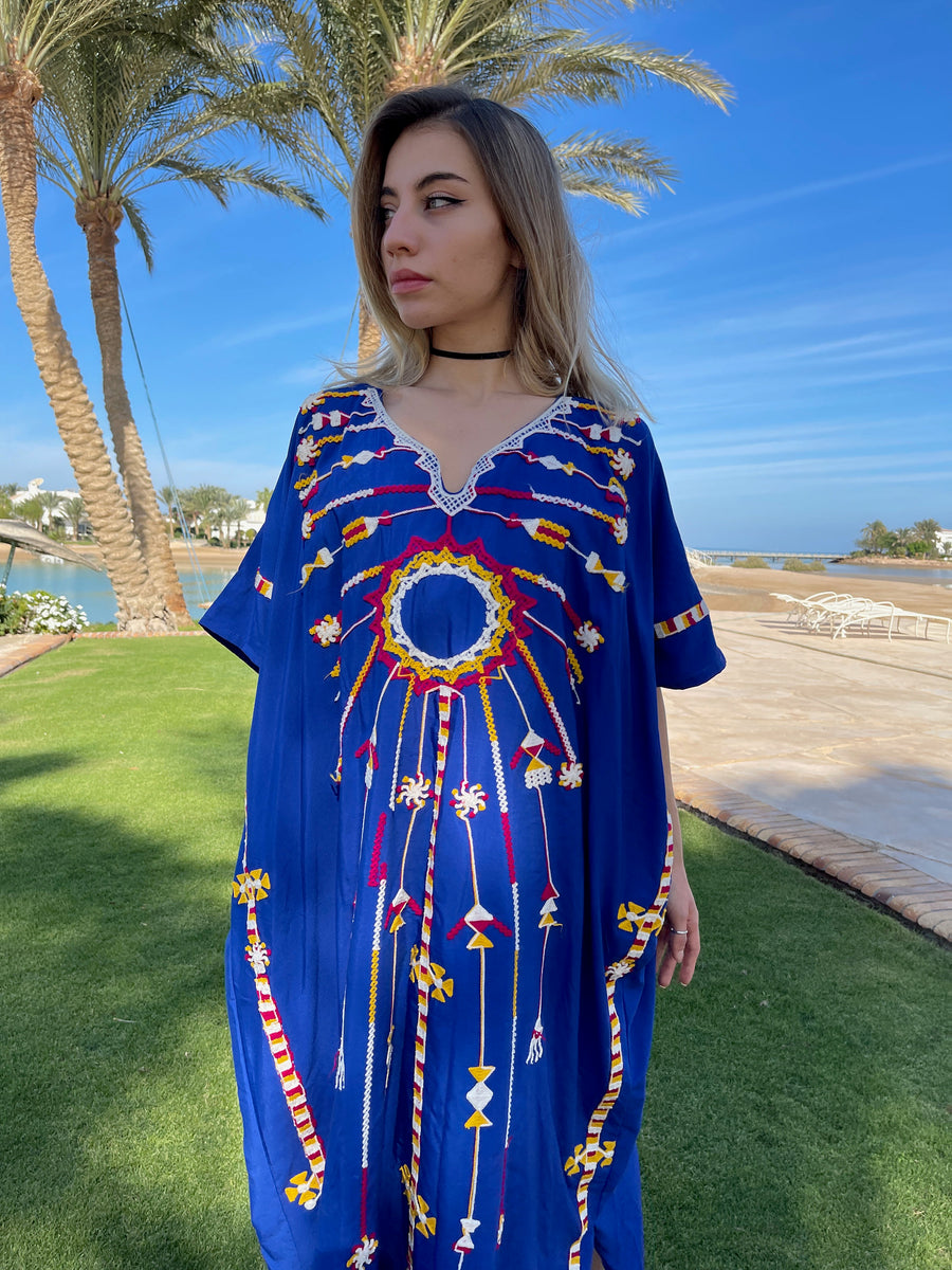 Siwa embroidered blue cotton caftan, short embroidered kaftan, chic caftan, Summer Kaftan, Egyptian cotton Caftans for women, cotton caftan