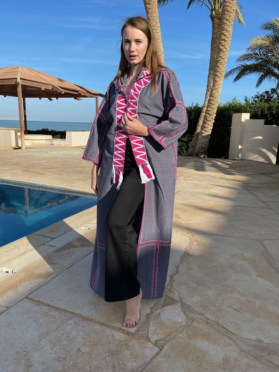 Grey Bedouin hooded hand embroidered Kimono, Grey Winter embroidered coat, Bohemian winter Kimono, Long Grey coat, Siwa Kimono, Wool cloak