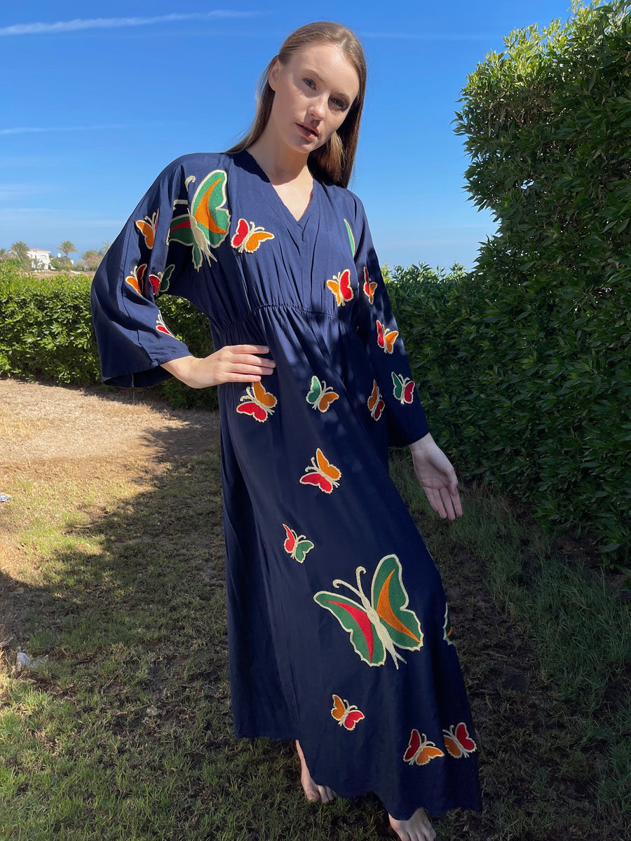 Navy blue butterfly embroidered caftan, Open slit Cotton caftan, African women clothing, Bohemian maxi dress, Boho summer caftan, kaftans