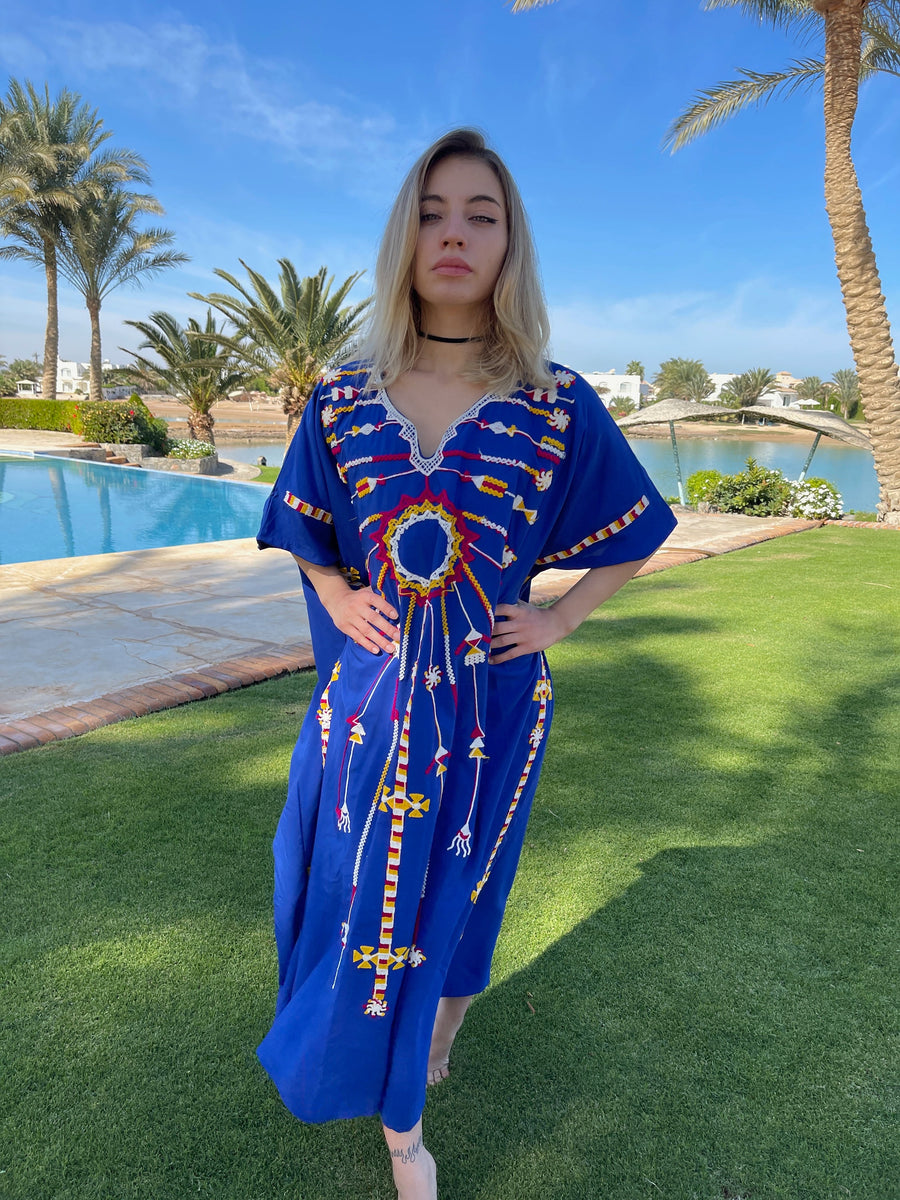 Siwa embroidered blue cotton caftan, short embroidered kaftan, chic caftan, Summer Kaftan, Egyptian cotton Caftans for women, cotton caftan