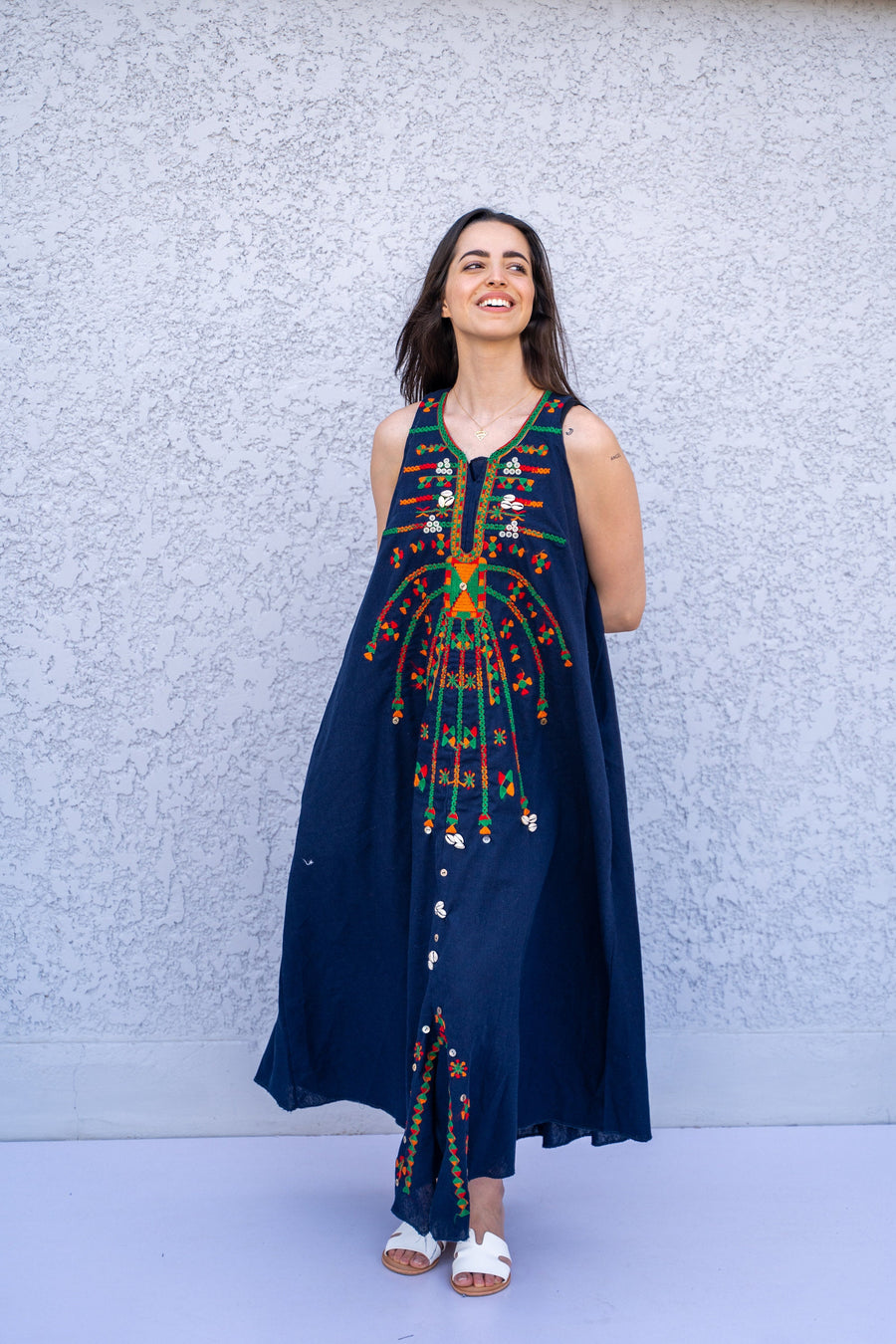 Boho Navy blue linen caftan dress, Siwa embroidered kaftan dress, boho caftan, Summer Kaftan, Linen Caftans for women, caftans for women