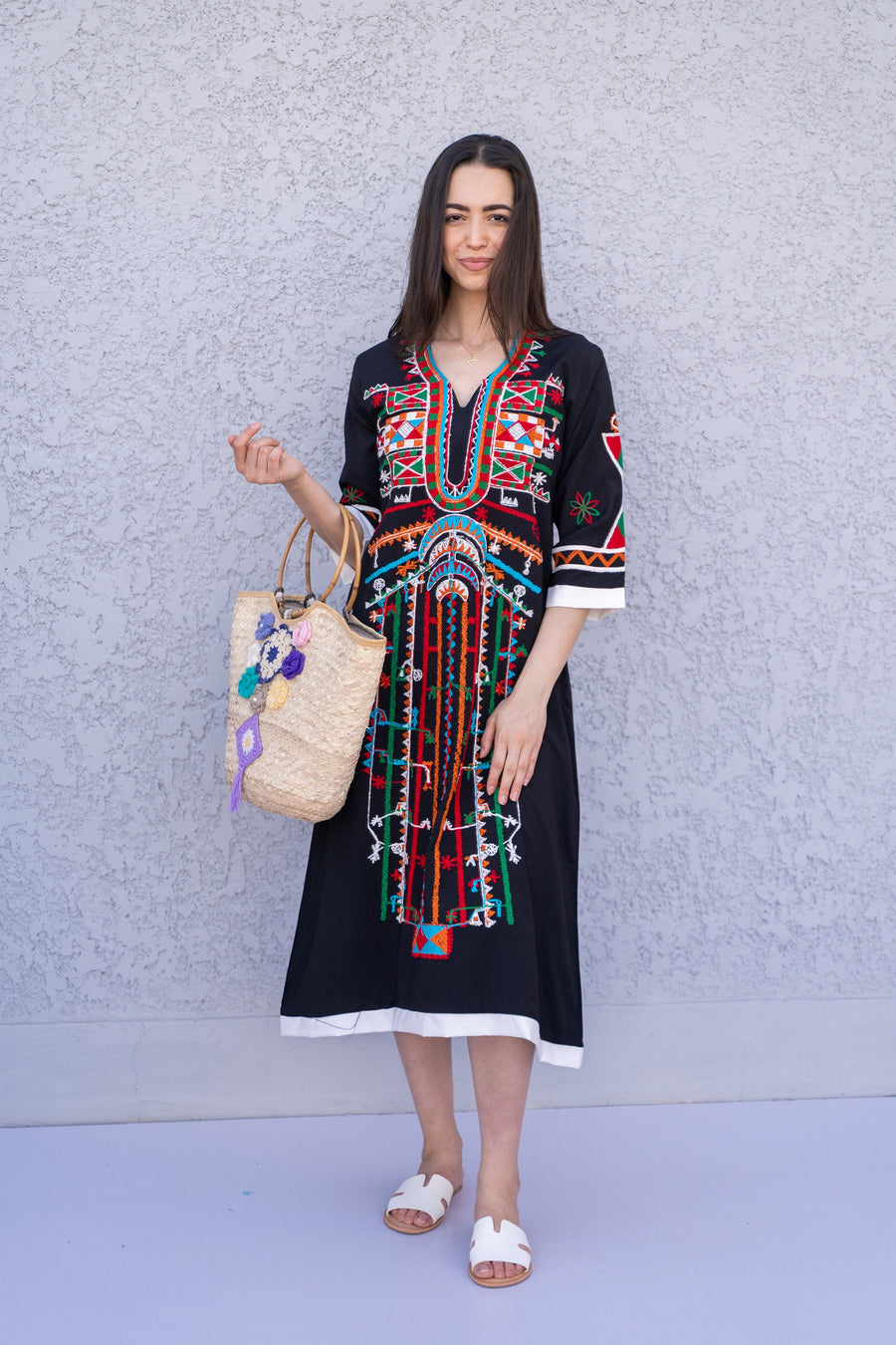 Siwa Black Tunic embroidered kaftan, Bohemian embroidery tunic dress, Egyptian cotton, Resort caftan, Summer, party, casual, home dress
