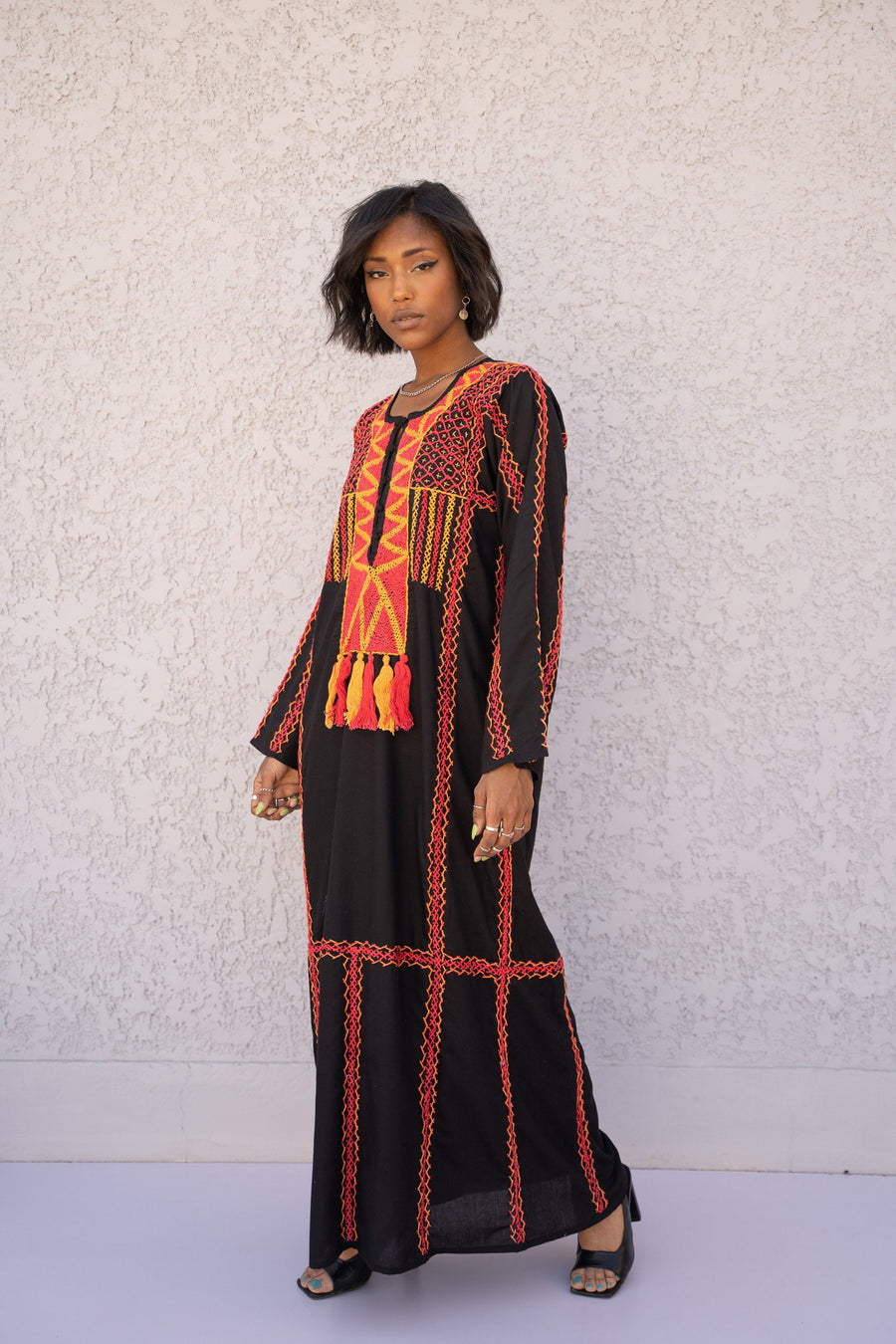 Siwa black embroidered Long Maxi Kaftan, hand embroidered dress, Caftans for women, Egyptian cotton caftan, boho kaftan, kaftans