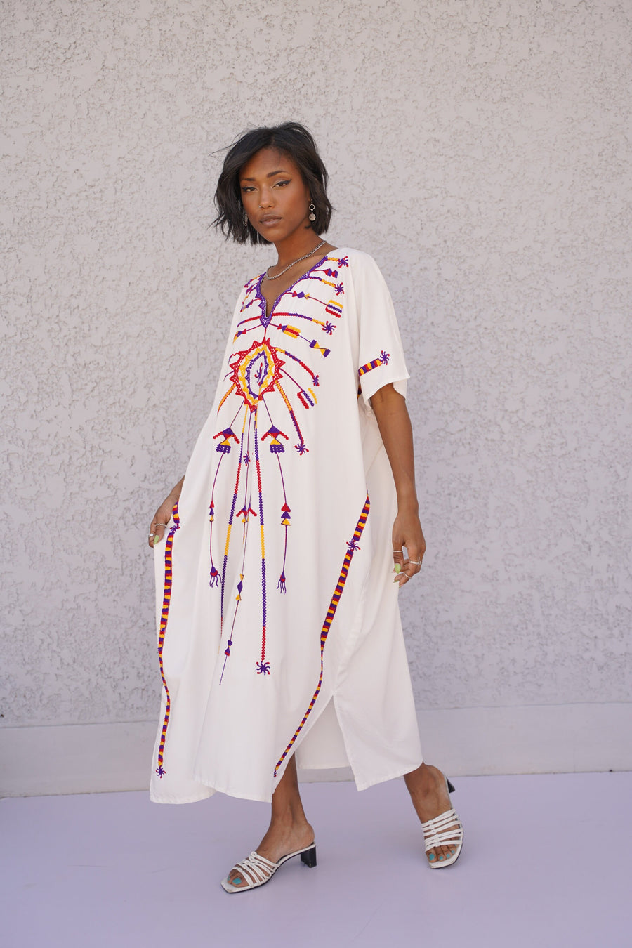 Stunning white embroidered cotton caftan, short embroidered kaftan, free size caftans, Summer Kaftan, Egyptian cotton Caftans for women
