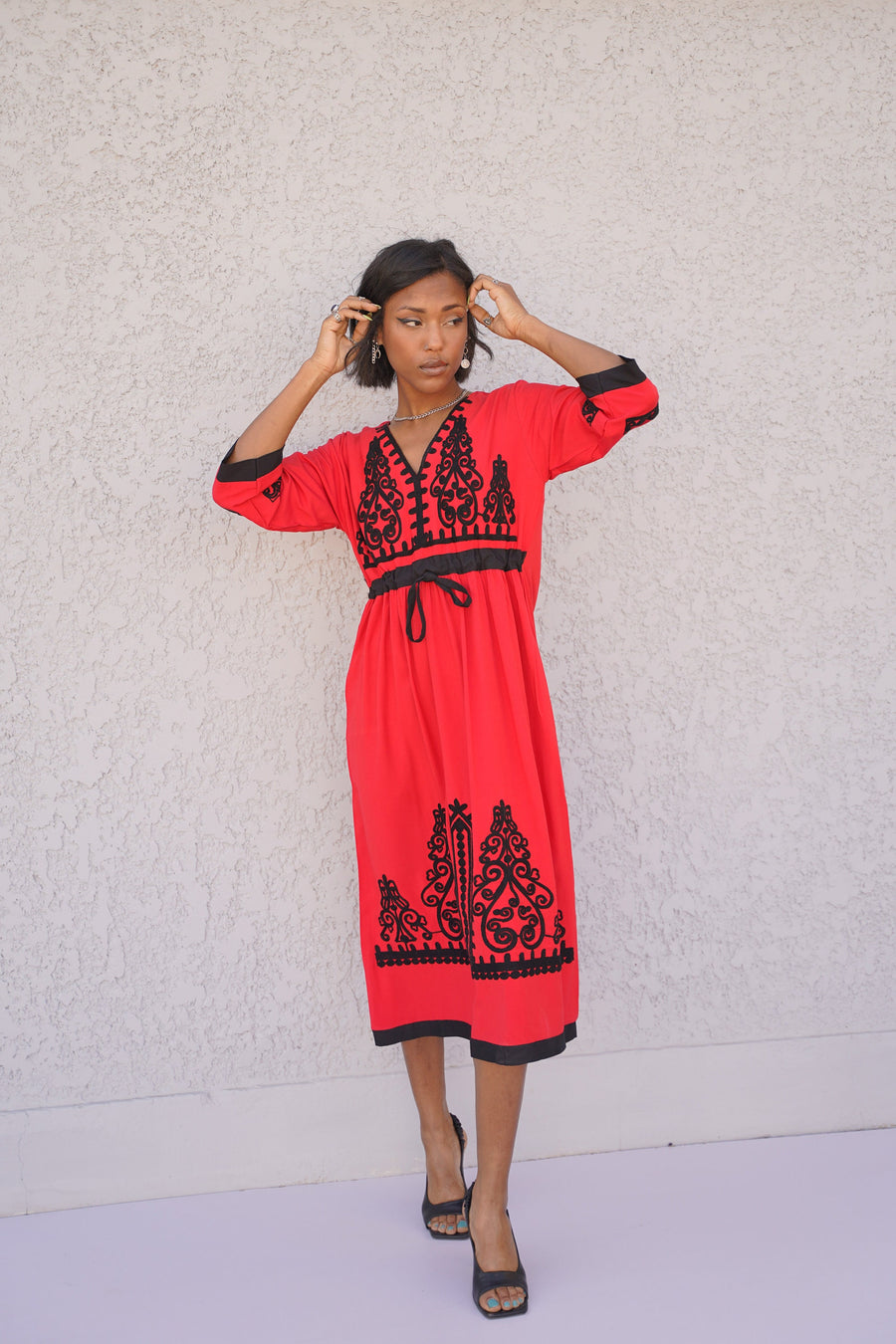Red Tunic embroidered kaftan, Bohemian embroidery tunic dress, embroidered tunic kaftan, Egyptian cotton. Summer, casual, home dress