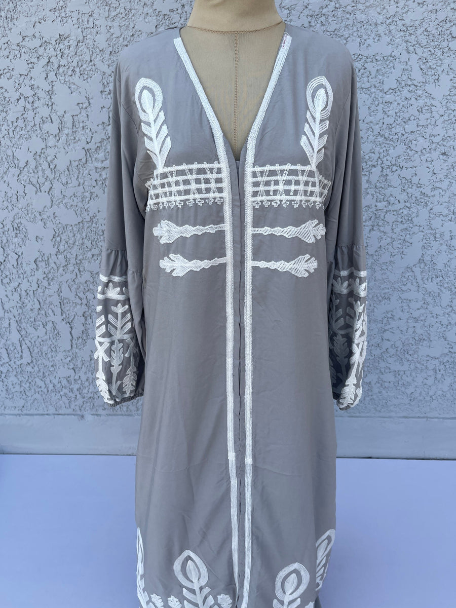 Dove grey cotton Kaftan with front slit, embroidered Kaftan dress, Caftan maxi dress, Caftans for women, Egyptian cotton caftan, caftans