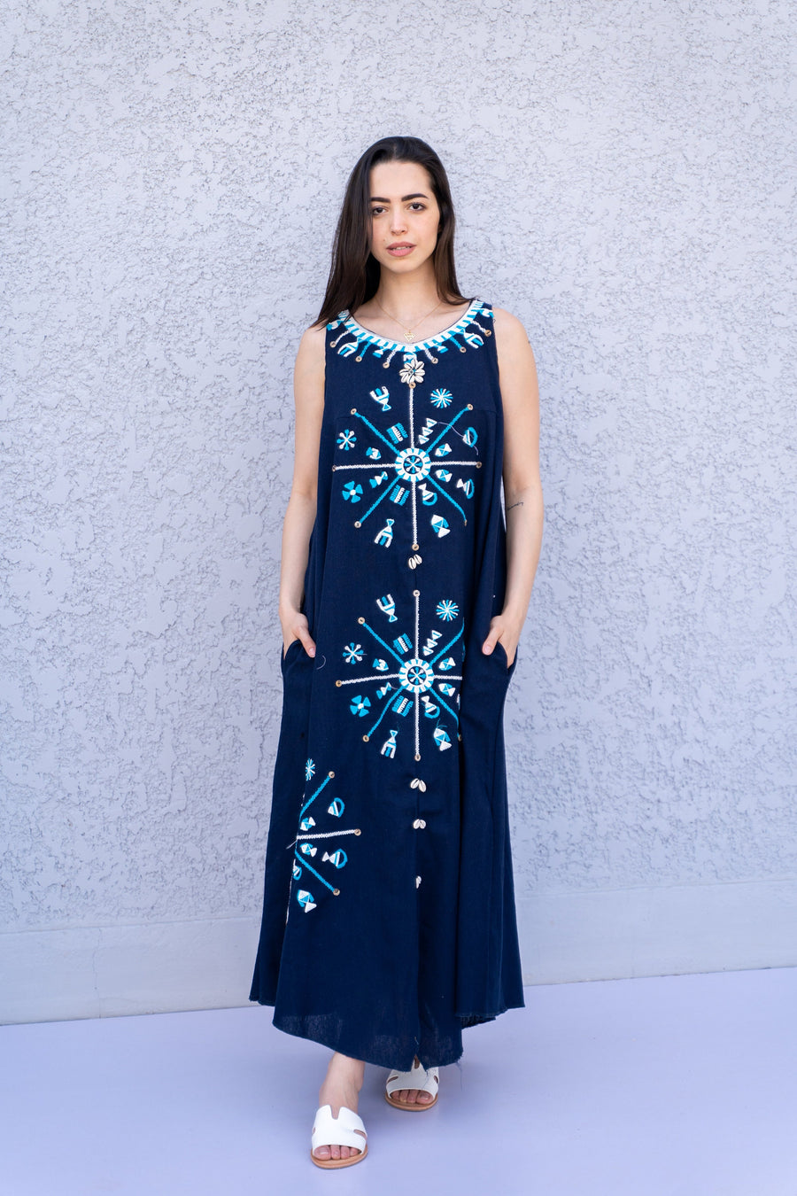 Bohemian Siwa Navy blue linen caftan, embroidered kaftan dress, boho caftan, Summer Kaftan, Linen Caftans for women, caftans for women