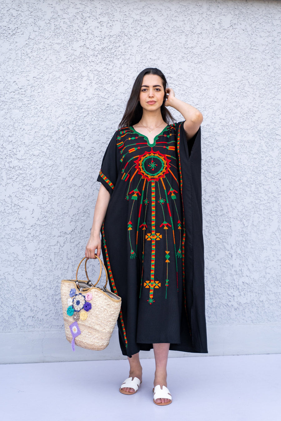 Short Siwa black embroidered cotton caftan, short embroidered kaftan, free size caftans, Summer Kaftan, Egyptian cotton Caftans for women