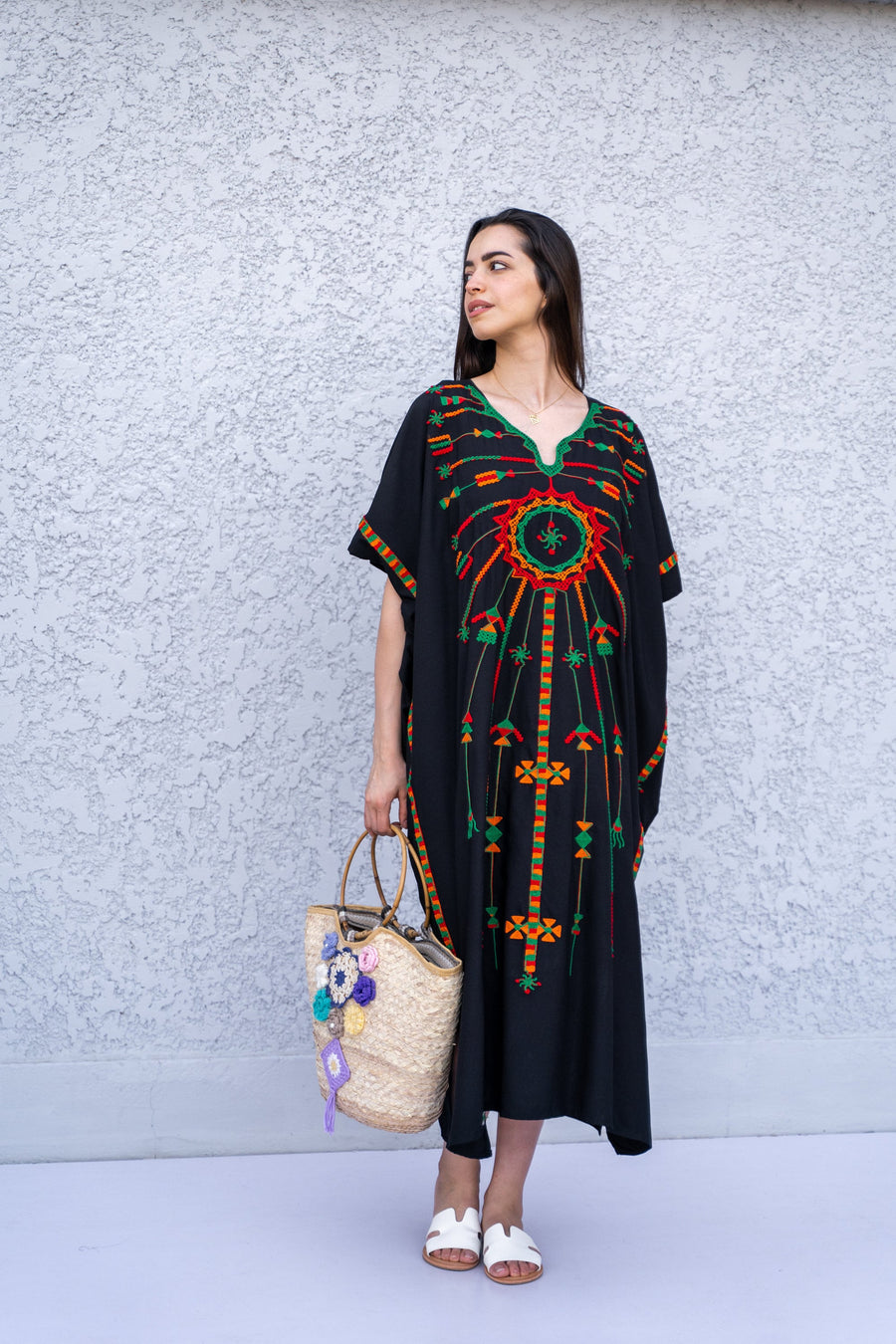 Short Siwa black embroidered cotton caftan, short embroidered kaftan, free size caftans, Summer Kaftan, Egyptian cotton Caftans for women