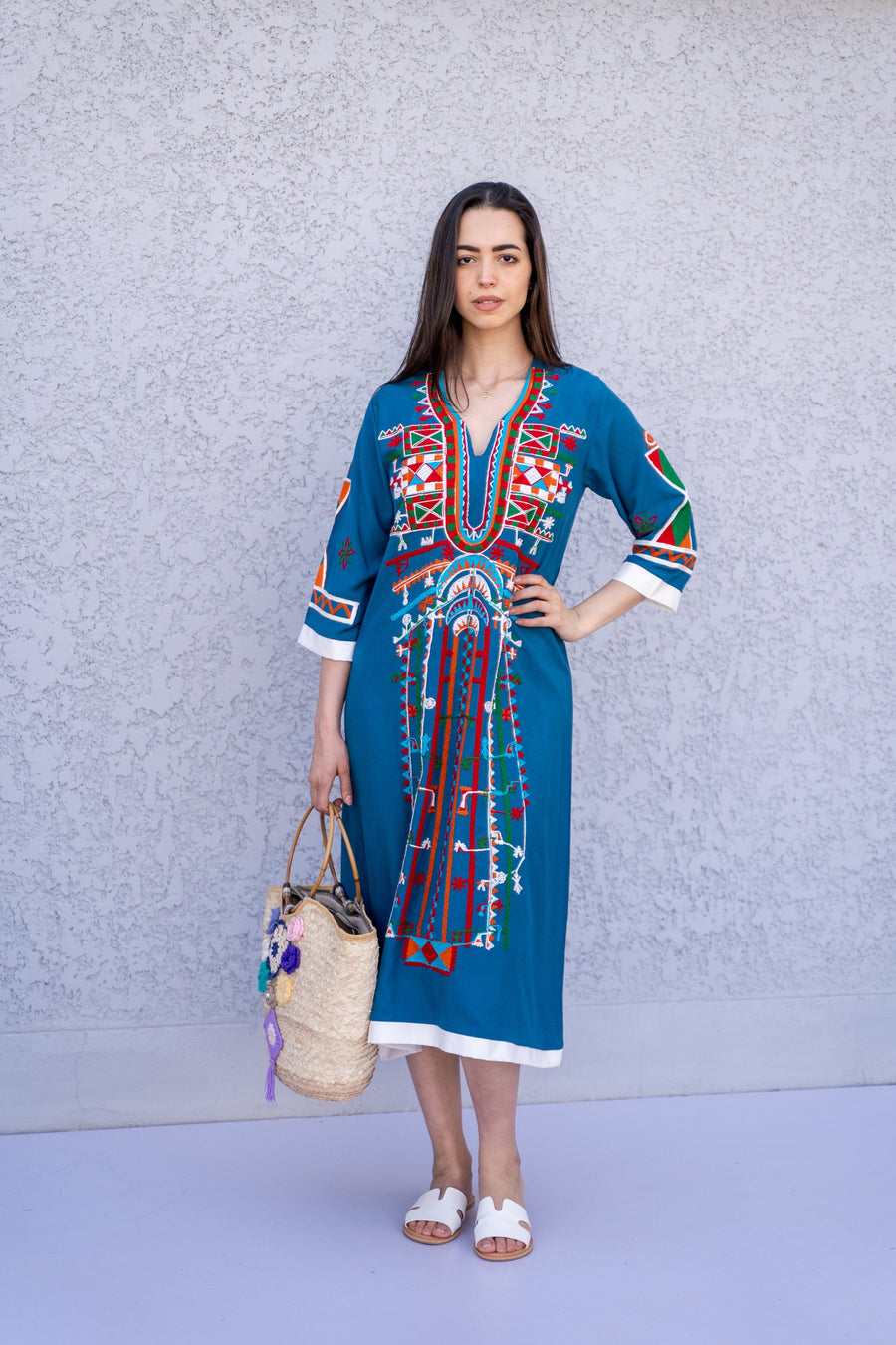 Siwa baby blue Tunic embroidered kaftan, Bohemian embroidery tunic dress, Egyptian cotton, Resort caftan, Summer, party, casual, home dress