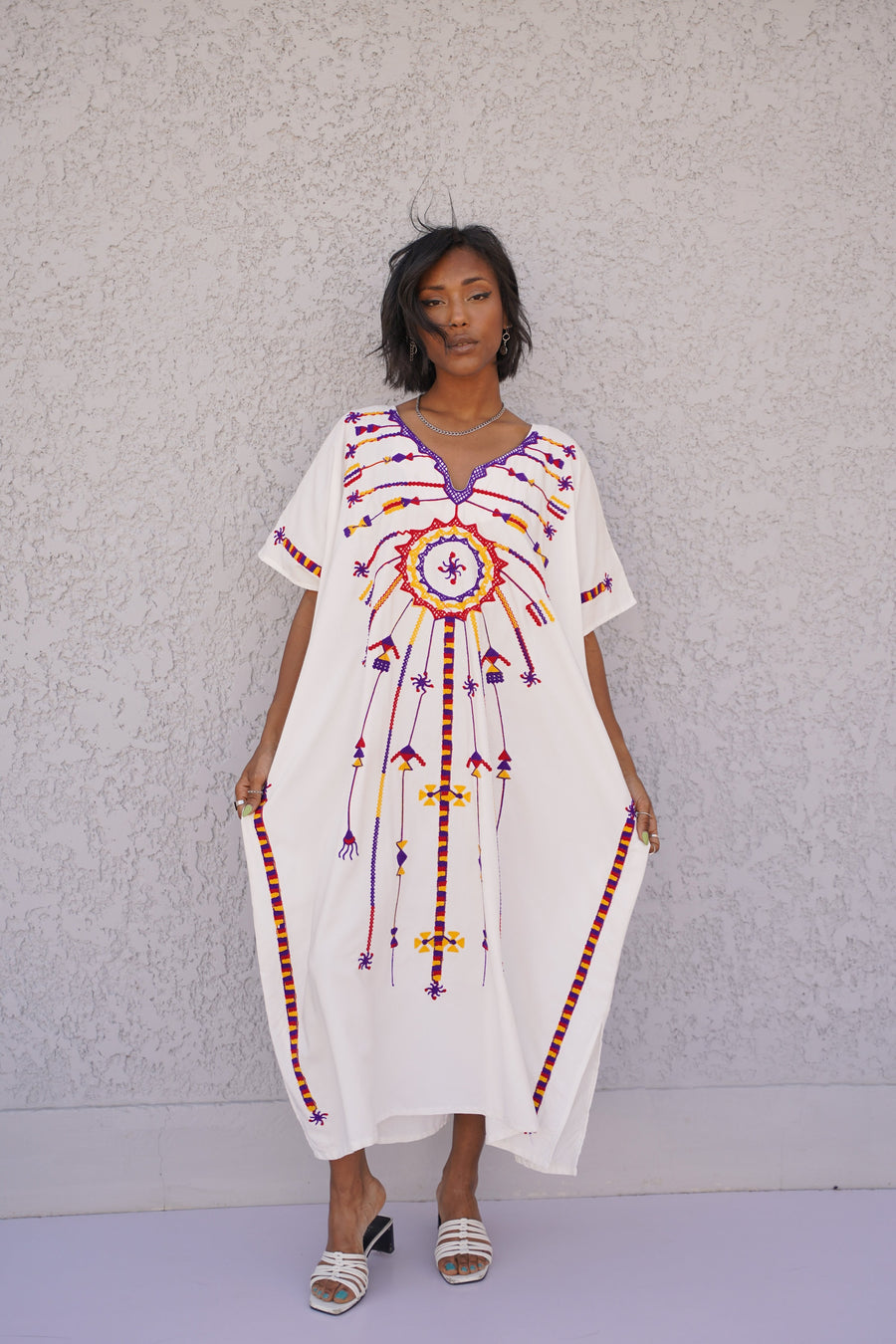 Stunning white embroidered cotton caftan, short embroidered kaftan, free size caftans, Summer Kaftan, Egyptian cotton Caftans for women