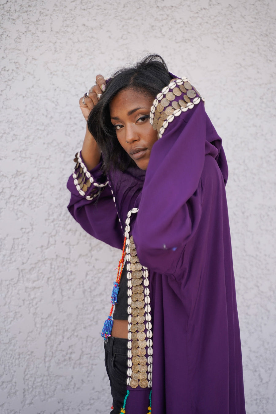 Purple accessorized cotton Kimono/coat, Cotton coat with hand stitched beads, coins, Boho summer coat, cardigans for women, Summer Kimono