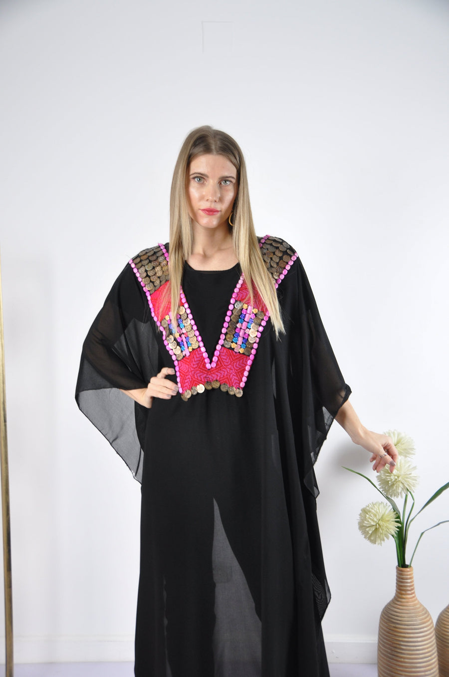 Hand embroidered Chiffon caftan, black vintage embroidered caftan, chic caftan, Summer Kaftan, Caftans for women, cotton caftan