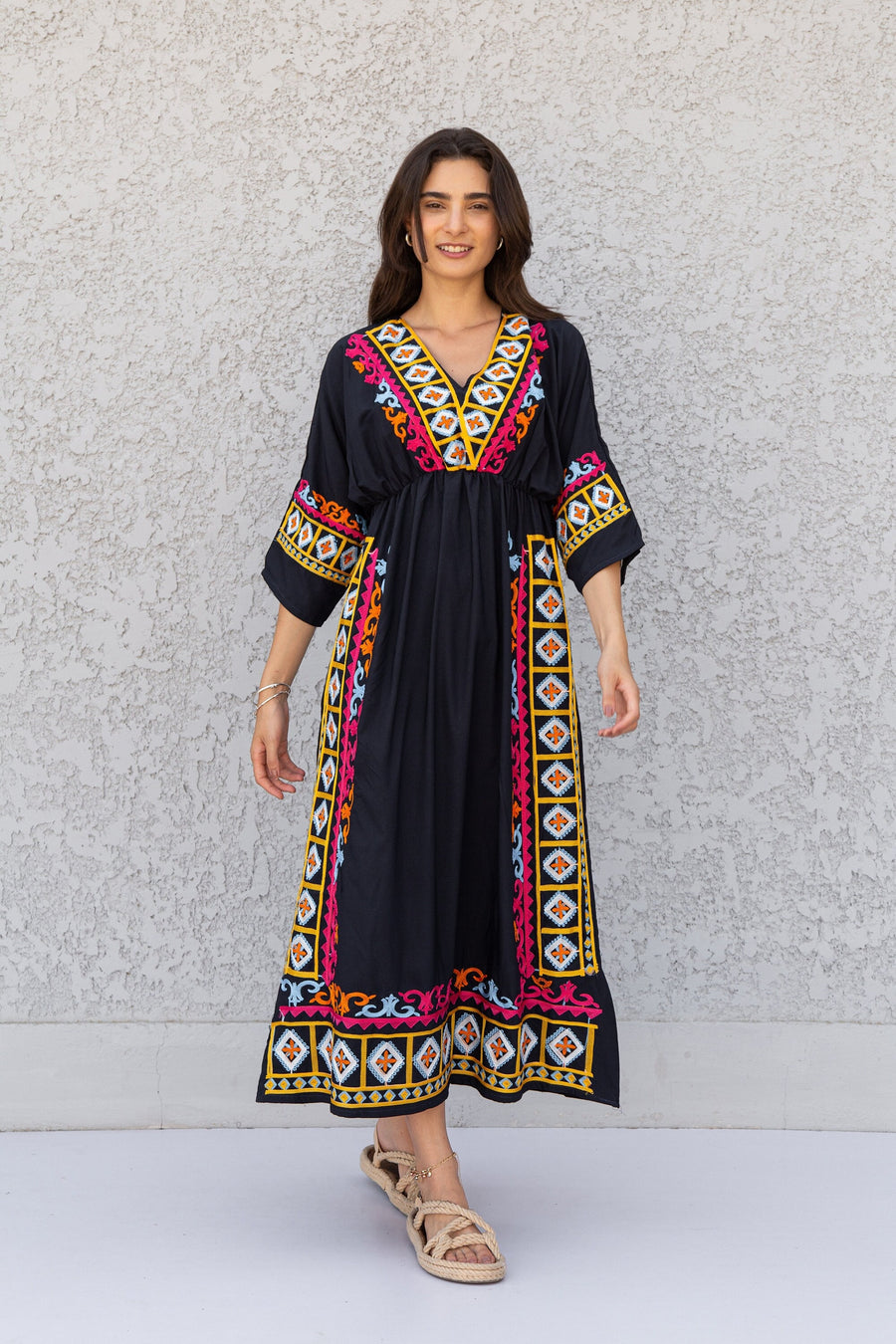 Eccentric black cotton caftan, Short embroidered Cotton caftan dress, African women clothing, Bohemian maxi dress, Boho caftan, caftans