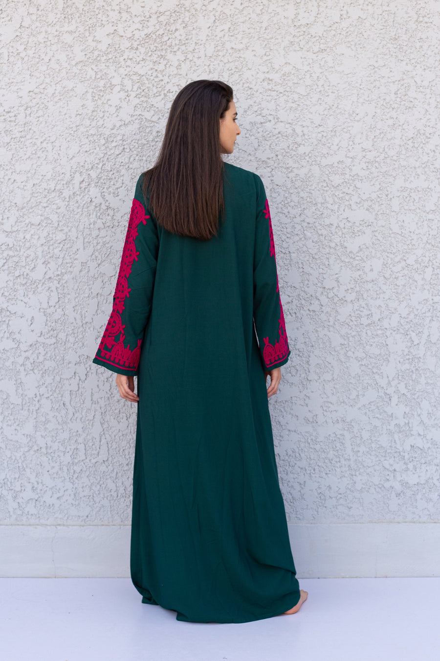 Elegant green embroidered kaftan dress, Cotton caftan max dress, Long sleeve caftan, Chic embroidered caftan, High quality Egyptian cotton