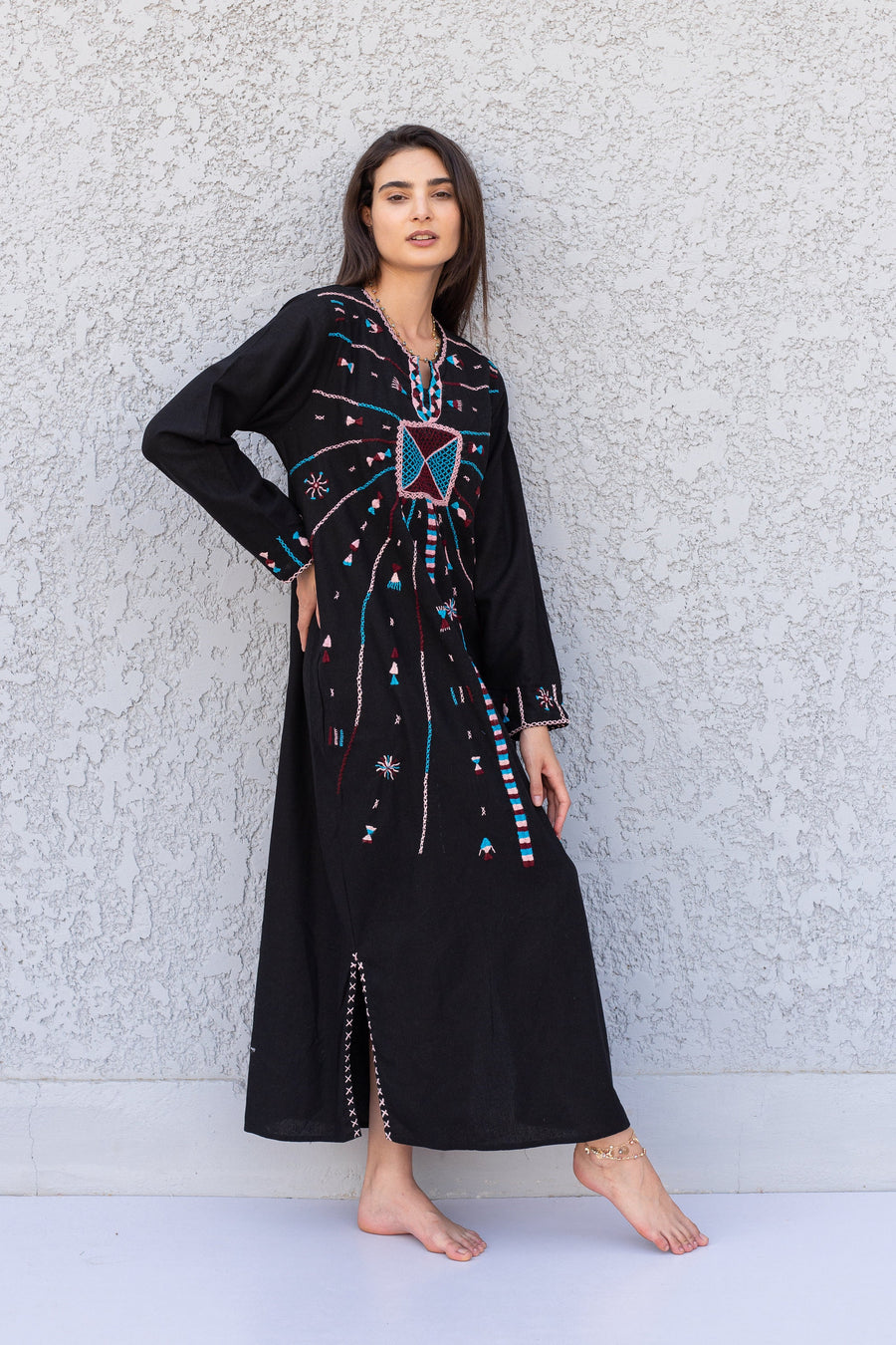 Black Siwa hand embroidered linen Kaftan dress, hand embroidered caftan, Fresh summer dress, Boho Kaftan, handmade caftan, caftans