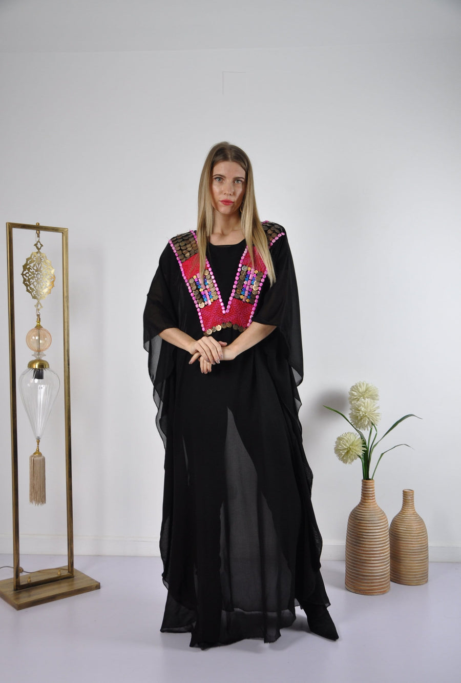 Hand embroidered Chiffon caftan, black vintage embroidered caftan, chic caftan, Summer Kaftan, Caftans for women, cotton caftan
