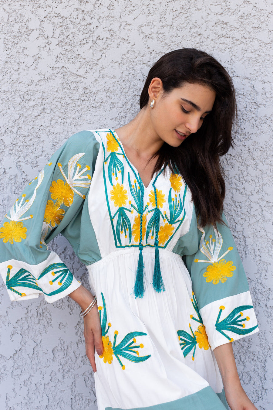 Colorful embroidered white/mint caftan, Cotton caftan dress, African women clothing, Boho maxi dress, Cotton caftan, Boho summer caftan