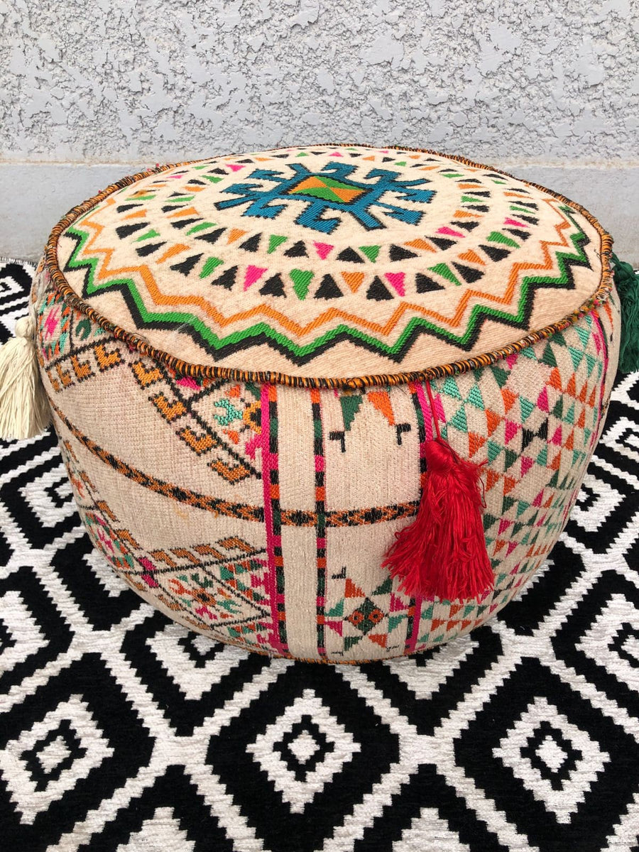Beige Bohemian pouf, polyester pouf, 12 x 20 inches pouf, Boho pouf, eccentric colorful pouf, Ottoman Pouf,  Foot rest, pouf