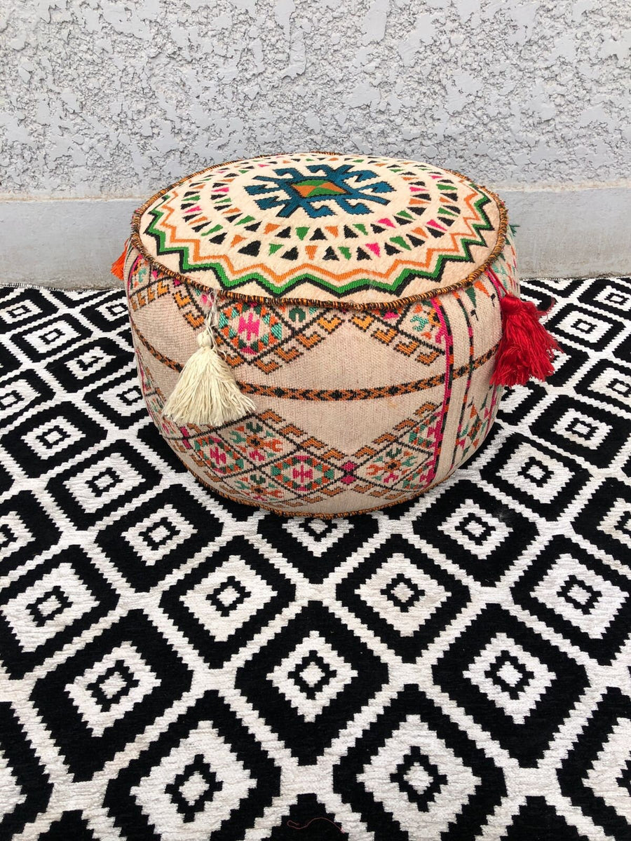 Beige Bohemian pouf, polyester pouf, 12 x 20 inches pouf, Boho pouf, eccentric colorful pouf, Ottoman Pouf,  Foot rest, pouf