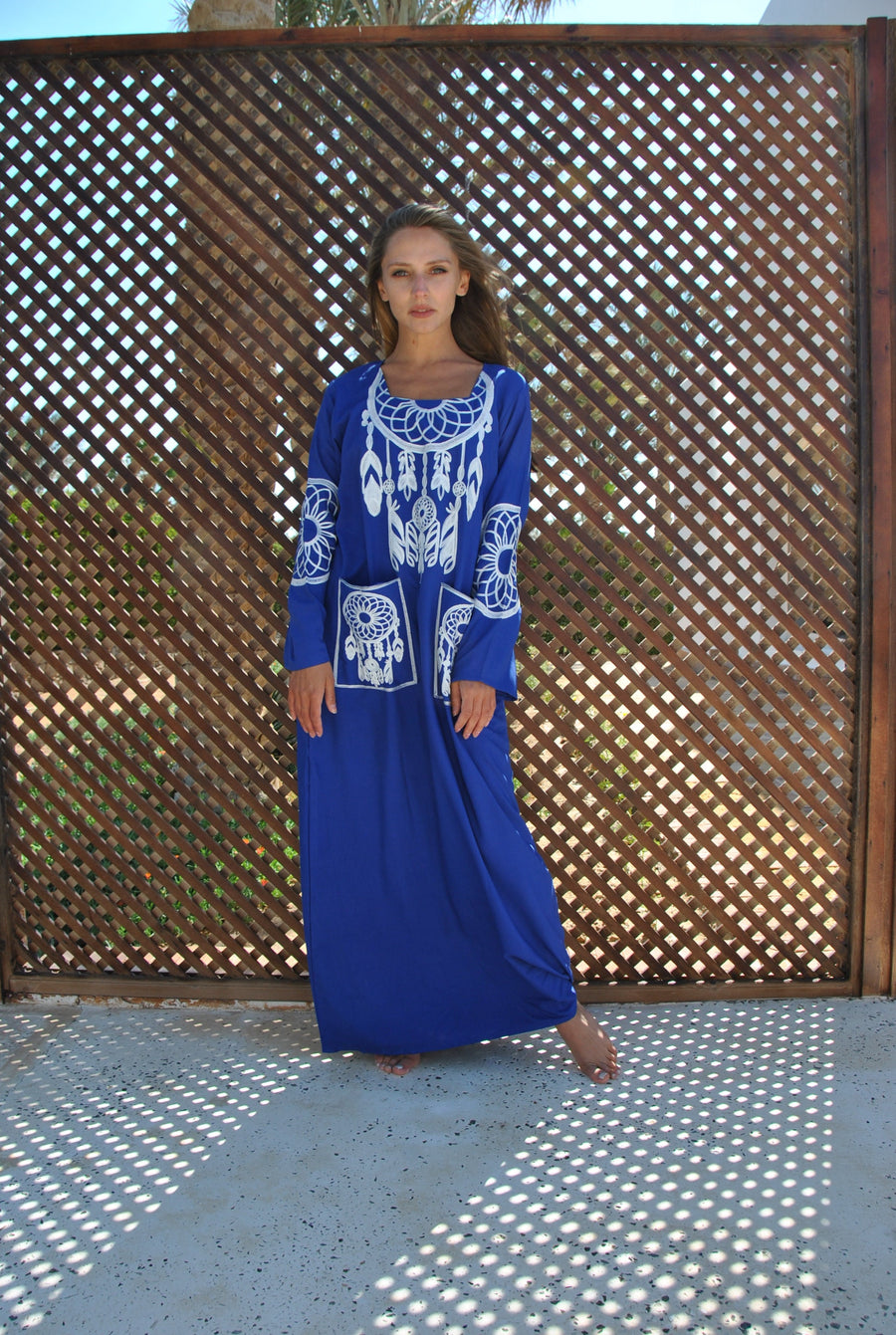 Blue embroidered cotton Caftan with pockets, summer caftan, embroidered Caftan dress, Purple Caftan maxi dress, Caftans for women, Caftans
