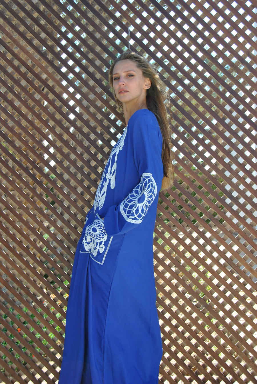 Blue embroidered cotton Caftan with pockets, summer caftan, embroidered Caftan dress, Purple Caftan maxi dress, Caftans for women, Caftans