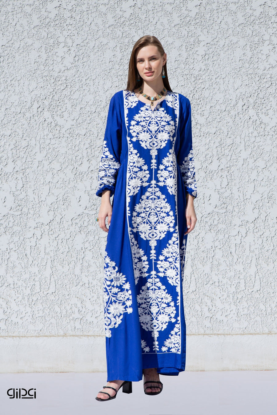 Elegant Royal blue embroidered kaftan dress, Cotton caftan women, Long sleeve caftan, Chic embroidered caftan, High quality Egyptian cotton