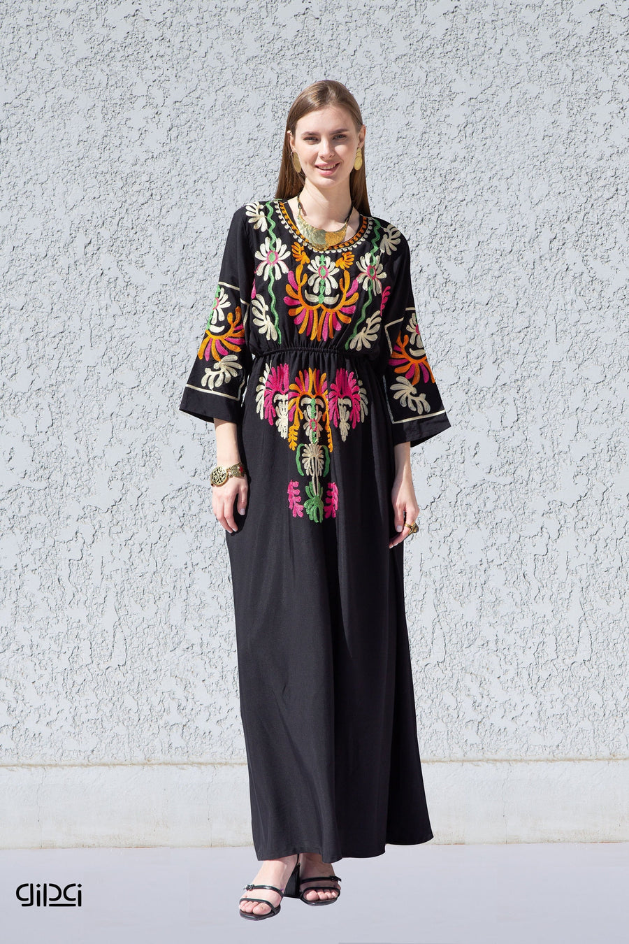Black colorful embroidered cotton Caftan, caftan Kaftan maxi dress, embroidered Caftan dress, Caftan maxi dress, Caftans for women, Caftans