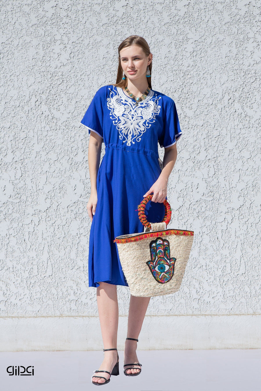 Royal blue Tunic kaftan dress, Bohemian embroidery tunic dress, embroidered tunic kaftan, Egyptian cotton. Summer, casual, home dress