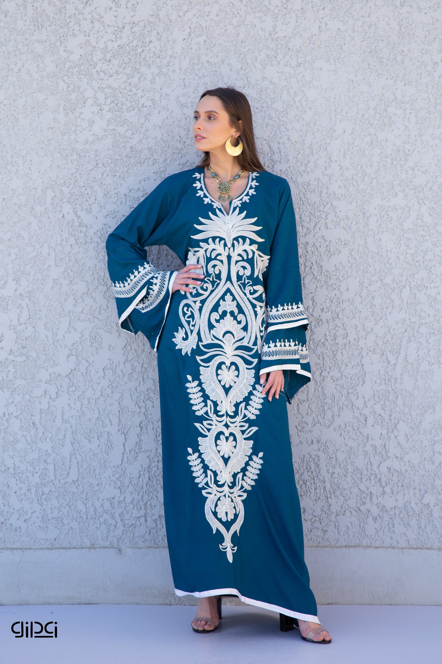 Flared sleeves blue cotton Caftan, wide sleeve caftan for women, embroidered Caftan dress, Caftan maxi dress, Caftans for women, Caftans
