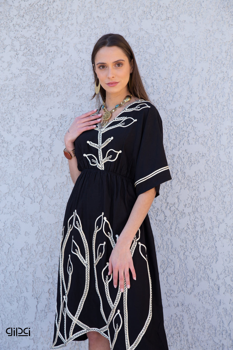 Black Tunic kaftan dress, Bohemian embroidery tunic dress, embroidered tunic kaftan, Egyptian cotton. Summer, casual, home dress