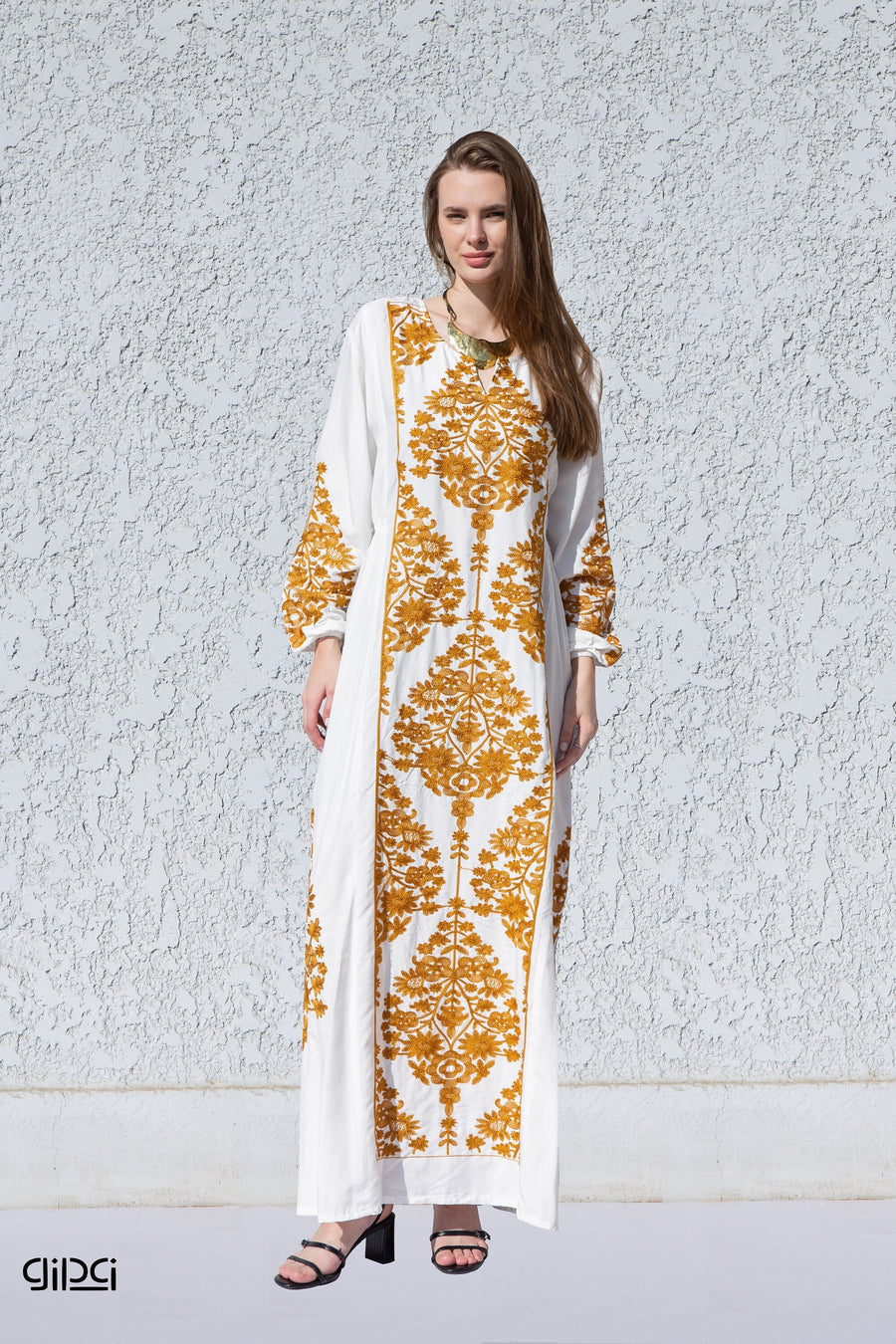 Elegant white cream embroidered kaftan dress, Cotton caftan women, Long sleeve caftan, Chic embroidered caftan, High quality Egyptian cotton