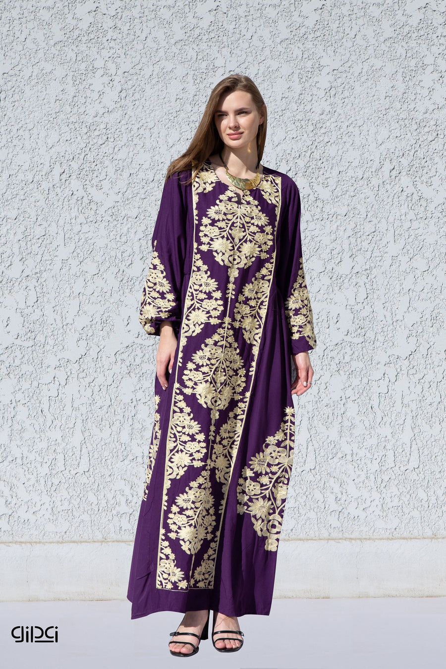 Elegant Purple embroidered kaftan dress, Cotton caftan women, Long sleeve caftan, Chic embroidered caftan, High quality Egyptian cotton