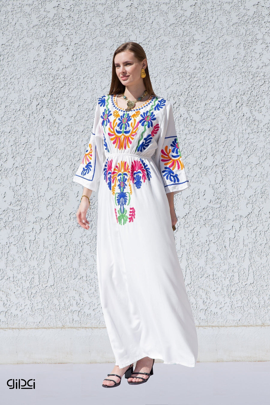 White colorful embroidered cotton Caftan, caftan Kaftan maxi dress, embroidered Caftan dress, Caftan maxi dress, Caftans for women, Caftans