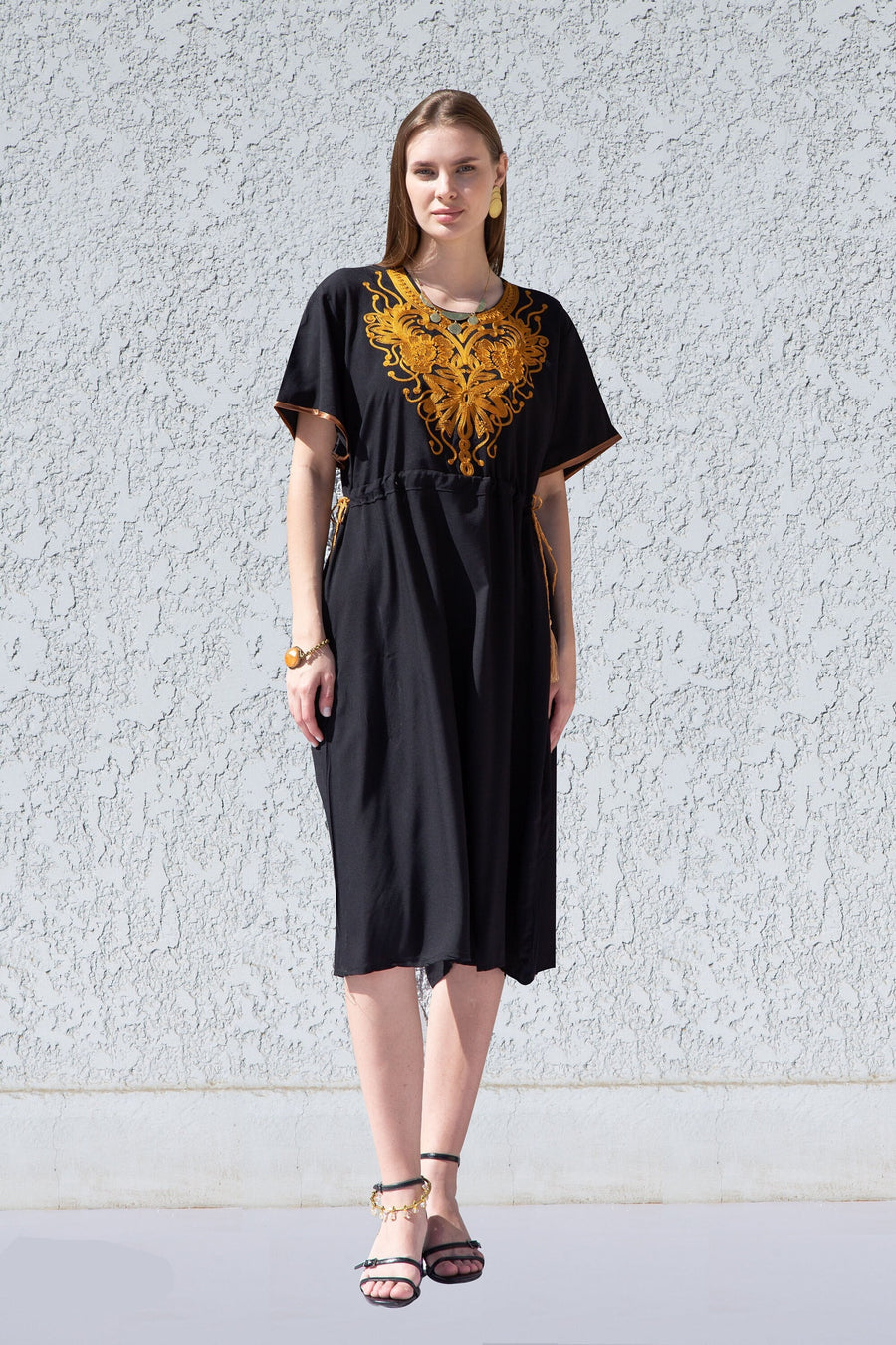Short Black Tunic kaftan dress, Bohemian embroidery tunic dress, embroidered tunic kaftan, Egyptian cotton. Summer, casual, home dress