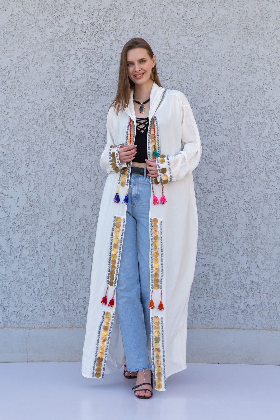 White accessorized cotton Kimono/coat, Cotton coat with hand stitched beads, coins, Boho summer coat, cardigans for women, Summer Kimono