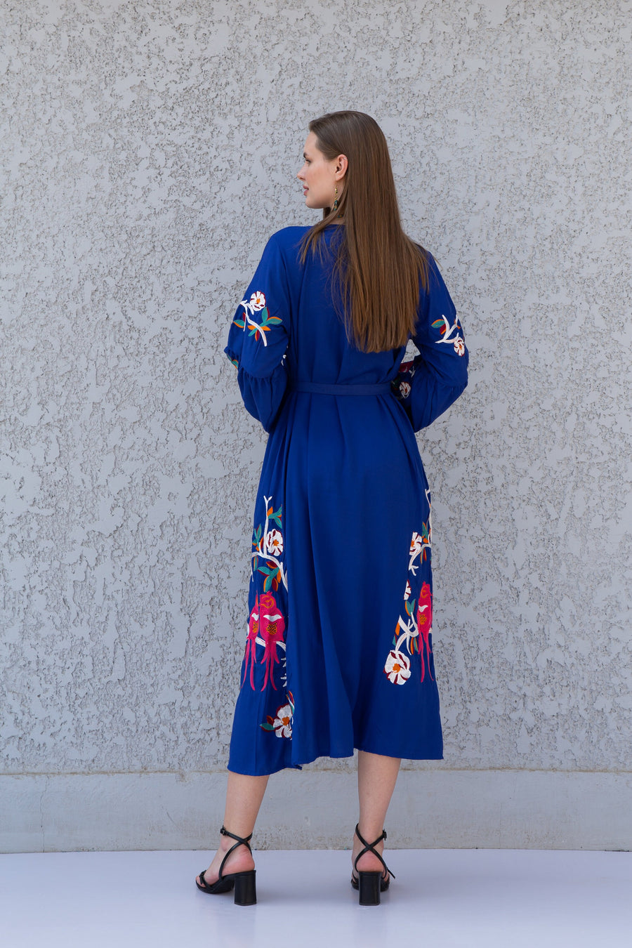 Midi Blue cotton kaftan dress, embroidered tunic dress, embroidered tunic kaftan, Egyptian cotton. Summer, party, casual, home