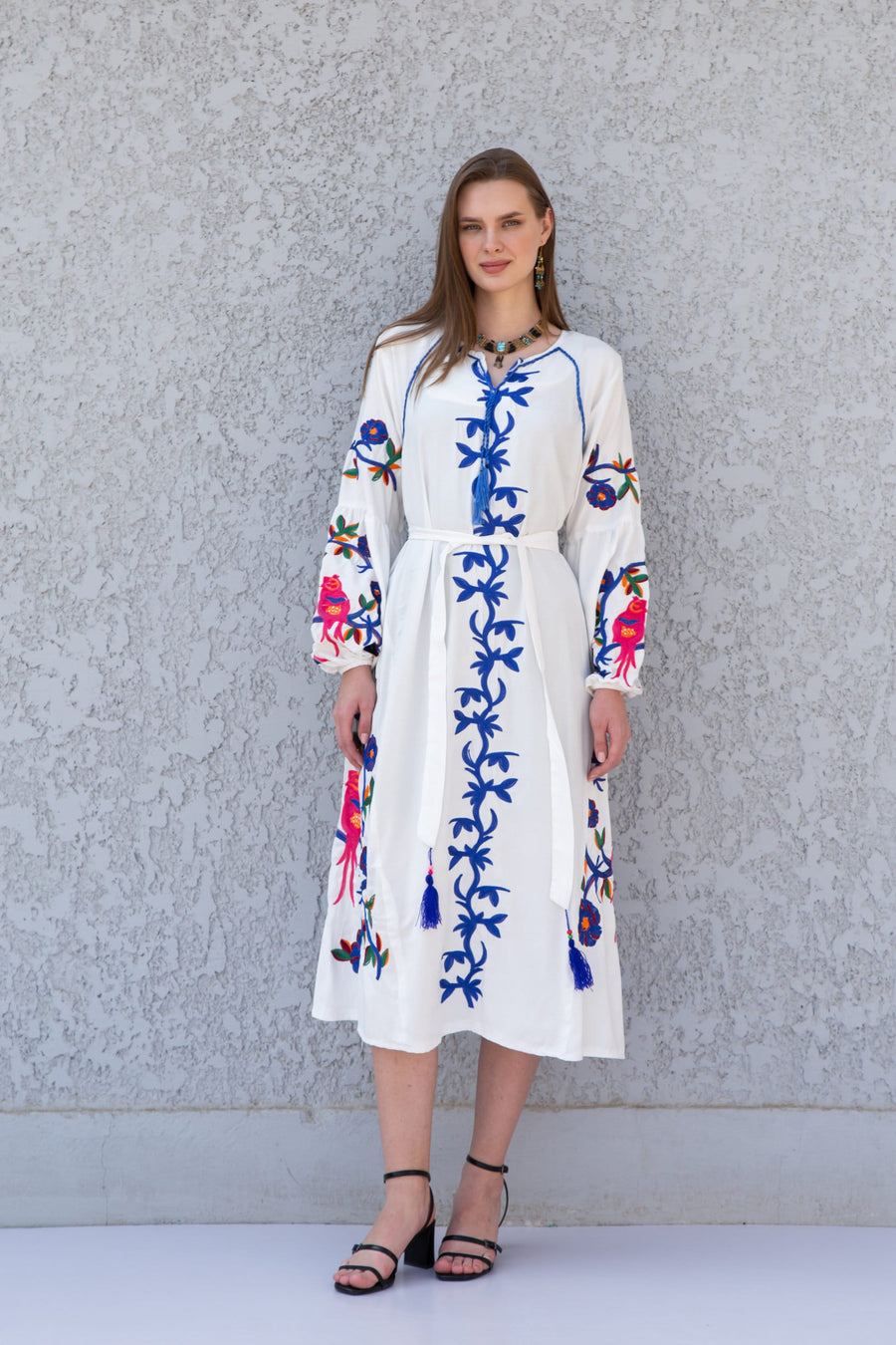Midi White cotton kaftan dress, embroidered tunic dress, caftans for women, Egyptian cotton. Summer caftan, party, casual, home dress
